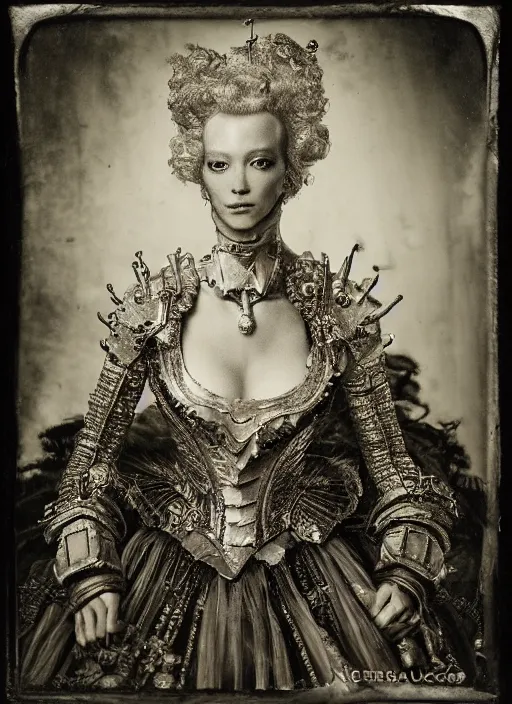 Prompt: old wetplate daguerreotype frame portrait of a futuristic silver armored marie antoinette emperor district 9 cyborg, fractal, intricate, elegant, highly detailed, subsurface scattering, by jheronimus bosch and greg rutkowski and louis jacques mande daguerre