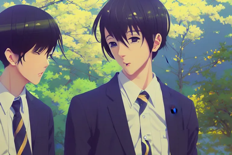 Image similar to boy's love anime high school spring noon scene, high detail concept art, perfect proportions fine face, tall handsome guys, close together romantic undertones, avant designer uniform, vivid colors, realistic shaded lighting poster fantasy art ilya kuvshinov, kyoani, katsuhiro, jeremy lipking and michael germash, makoto shinkai, loish, best selling artist