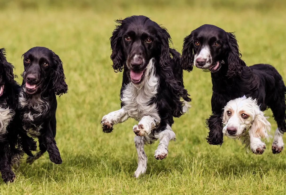 Image similar to Two spaniel dogs, one is black spaniel dog with white hair chest and one brown spaniel dog white hair chest running in a meadow low angle realism epic background 4k