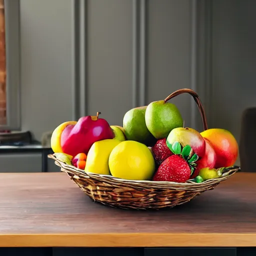 Prompt: a fruit basket on top of a kitchen table, porcelain