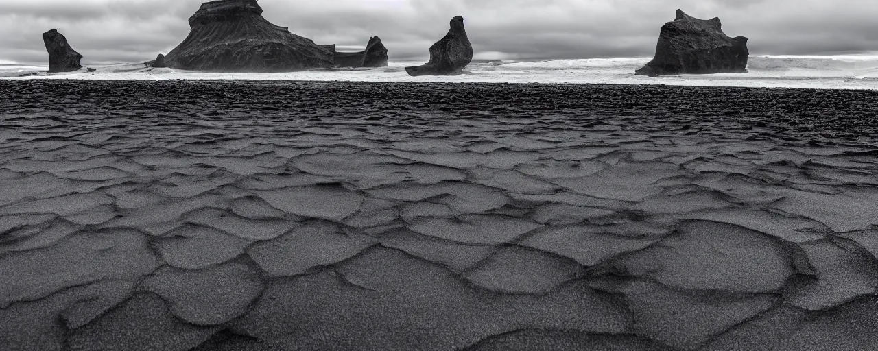 Prompt: low angle cinematic shot of giant futuristic mech in the middle of an endless black sand beach in iceland with icebergs in the distance,, 2 8 mm