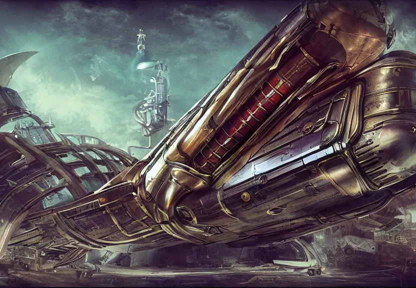 Prompt: a retro science fiction futuristic art deco steampunk rocketship, hdr, ilm