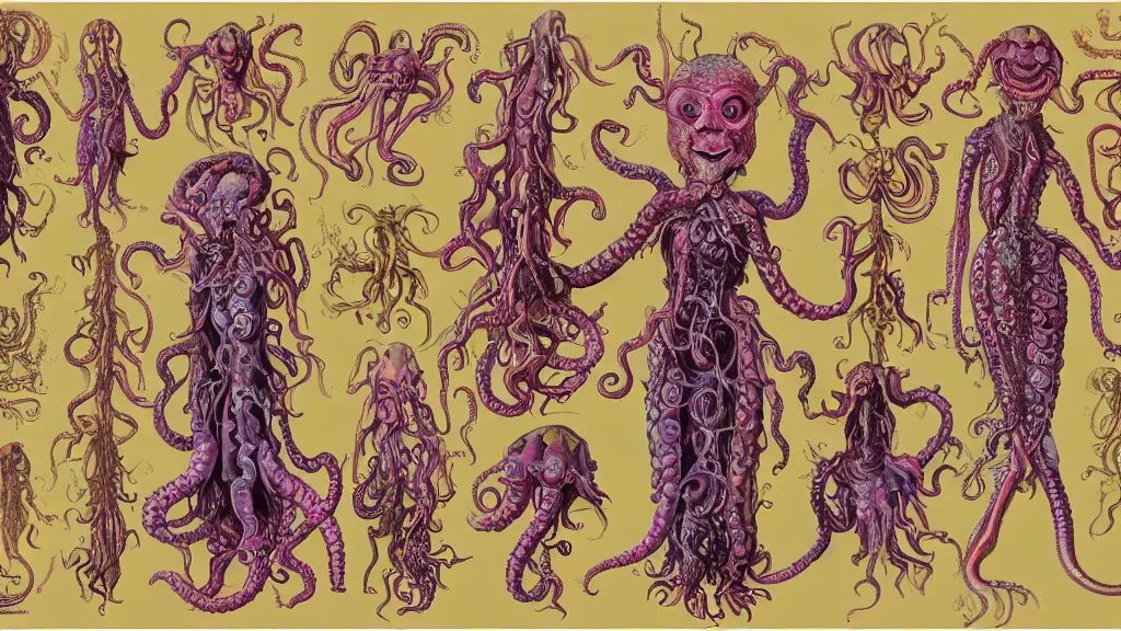 Image similar to highly detailed colorful character sheet for a stocky alien extraterrestrial victorian female servant maid with thick snake - like tentacles instead of hair, long dress with apron, ernst haeckel, jim henson creature shop, coherent, illustration, digital art, trending on artstation, hd, 8 k, good lighting, beautiful, rough paper, masterpiece