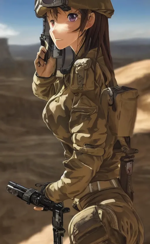 Image similar to portrait of a female soldier, highly detailed, high resolution, desert in the background, anime style, stunning, girls frontline style, bokeh soft, 3d rendering, guilty gear strive graphics, 100mm, trending on instagram, by professional photographer, realistic human anatomy, realistic military carrier, modern warfare, realistic weapon, shot with a arriflex 35 ii, low saturation, small eyes