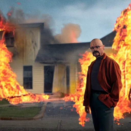 Image similar to walter white standing in front of a building on fire, highly detailed, 4 k