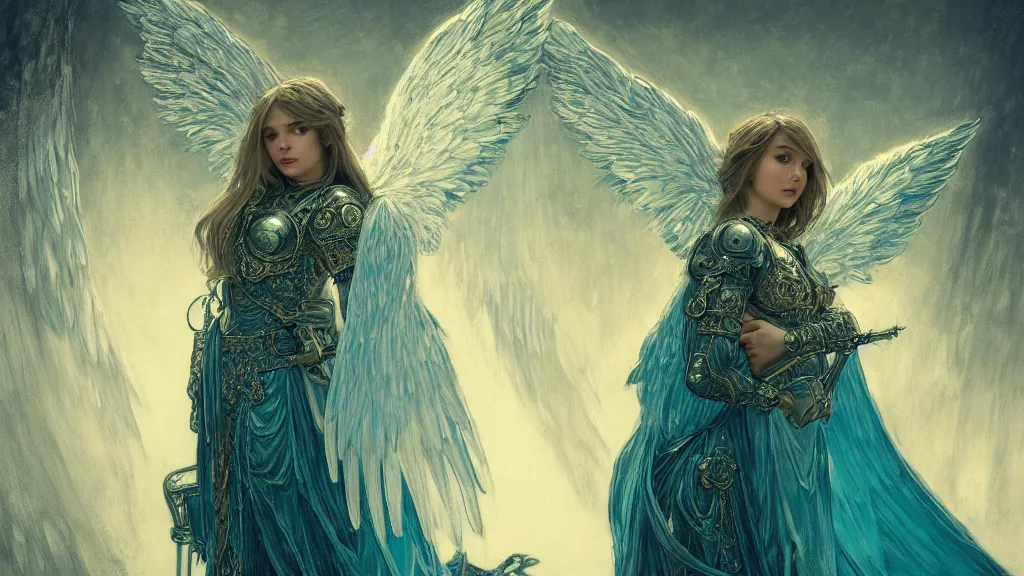 Prompt: angel, big wings, low key light, full plate armor with cloth, f 1 6, bokeh, close up portrait, gentle, female, ornate city ruins, landscape, d & d, fantasy, intricate, elegant, highly detailed, teal white gold color palette, roger deakins, sharp focus, concept art, greg rutkowski and alphonse mucha