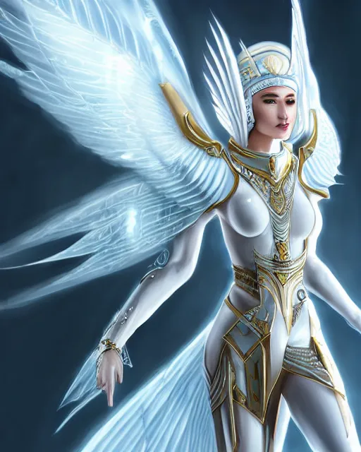 Image similar to perfect white haired egyptian queen wearing white dove wings, warframe armor, regal, attractive, ornate, sultry, beautiful, dreamy, half asian, pretty face, blue eyes, detailed, scifi platform, 4 k, ultra realistic, epic lighting, android body, illuminated, cinematic, masterpiece, art by akihito tsukushi, voidstar, artgerm