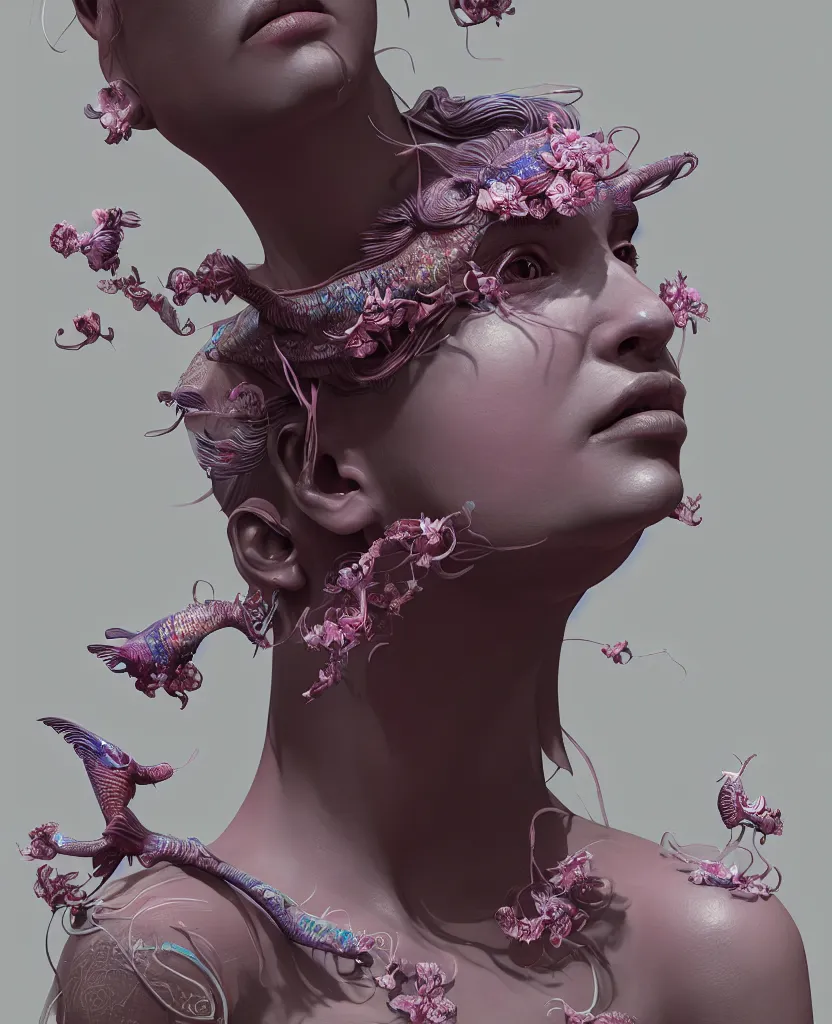 Image similar to goddess full painted acryllic sculpture close-up portrait. orchid bird betta fish, intricate artwork by Tooth Wu and wlop and beeple. octane render, trending on artstation, greg rutkowski very coherent symmetrical artwork. cinematic, hyper realism, high detail, octane render, 8k