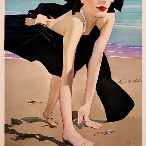 Image similar to woman in black dress, in the middle of the beach, pretty face, black shoes, leyendecker style