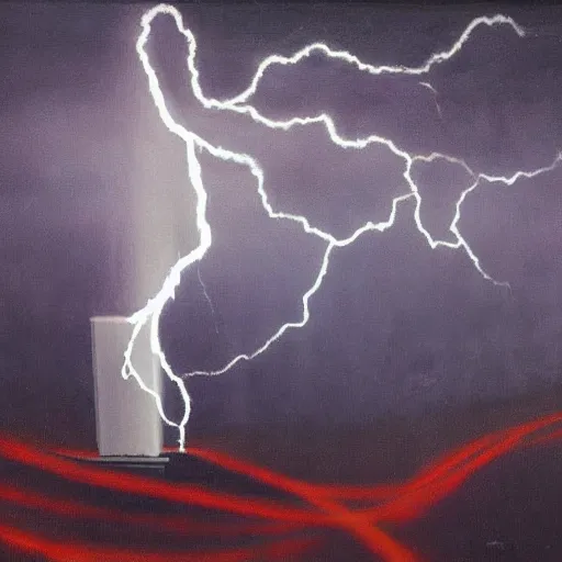 Image similar to an abstract painting of Nikola Tesla, lightning in the background, crazy