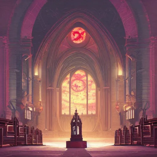 Image similar to ilustration, a cathedral under the red moon with a huge clock in the middle of the church, characterized by roman shipunov, etienne hebinger, atey ghailan, cgsociety, cynical realism, fantasy art, 2 d game art