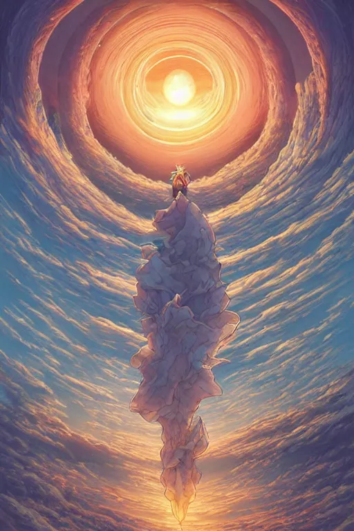 Image similar to the portal to heaven by hiroshi yoshida and moebius and loish and artgerm, painterly, symmetrical, ultra detailed, hyper realistic, illustration, sunset lighting