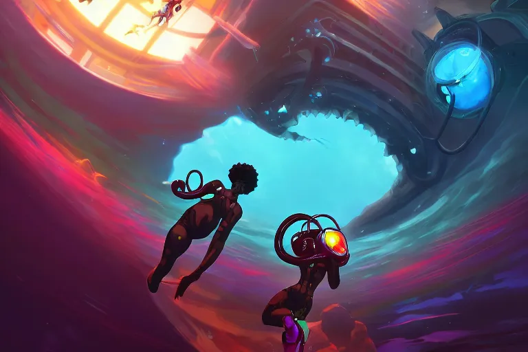 Prompt: afro - futurist scuba divers escaping a gigantic alien angler fish | hyperrealistic digital painting by makoto shinkai, ilya kuvshinov, lois van baarle, rossdraws | afrofuturism in the style of hearthstone and overwatch, trending on artstation