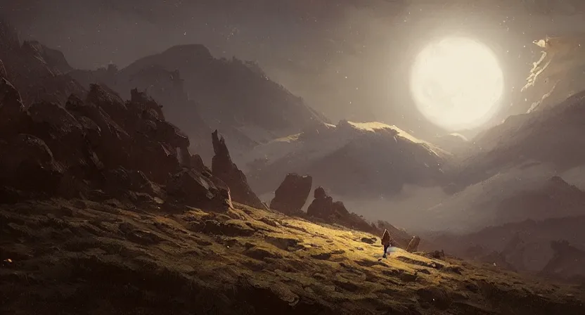 Prompt: an inspiring moonlit landscape of endless mountains by greg rutkowski