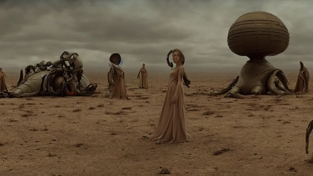 Image similar to a still from the apocalyptic movie inspired by retro futurism, directed by Denis Villeneuve with art direction by Salvador Dalí, wide lens