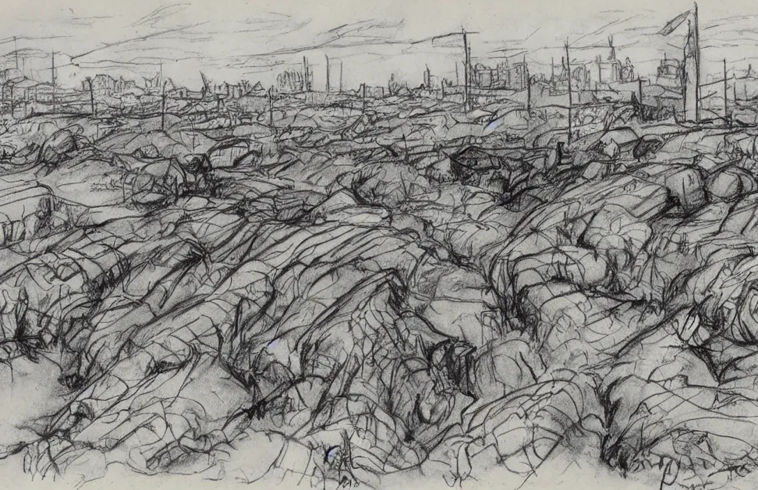 Image similar to milt kahl sketch of world war 1 trenches with the city of miami in the background