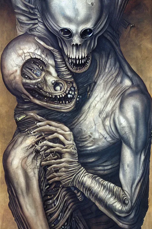 Prompt: saturn devouring his son painted in the syle of giger, giger art, wall painting, extremely detailed, 4 k