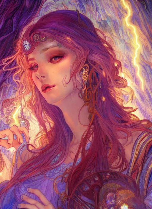 Image similar to Lightning Sorceress, ambient lighting, 4k, josephine wall, alphonse mucha, lois van baarle, ilya kuvshinov, rossdraws, artstation