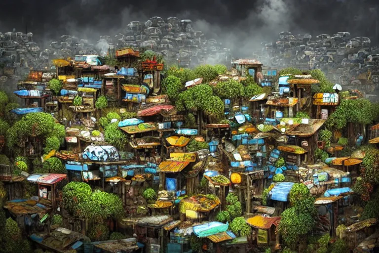 Image similar to favela fungal beehive, diseased environment, industrial factory, cheerful, award winning art, epic dreamlike fantasy landscape, ultra realistic,