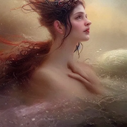 Image similar to dreams of the fae, papery flaking skin, with different colored eyes and flowing hair underwater, three-quarters portrait, intricate, elegant, sharp focus, illustration, highly detailed, digital painting, concept art, matte, by Aleksi Briclot and by Ivan Aivazovsky and by Greg Rutkowski, artgerm, wlop, masterpiece, art nouveau, baroque, fauvism