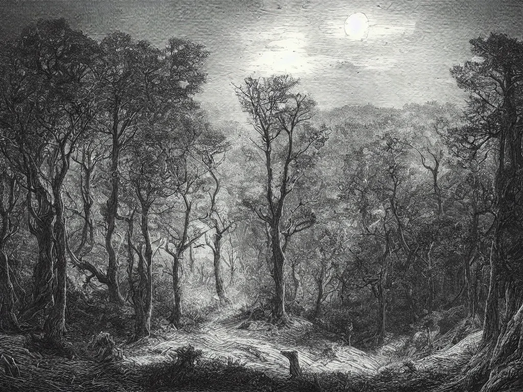 Prompt: an engraving of a forest at night, wistman ’ s wood by gustave dore, john blanche, ian miller, highly detailed, strong shadows