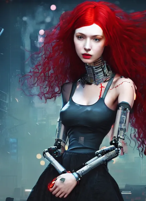 Image similar to Robot girl with red hair game style CYBERPUNK 2077 , a very beautiful portrait, Pre-Raphaelite style , girl enveloped in lily flowers, photorealism