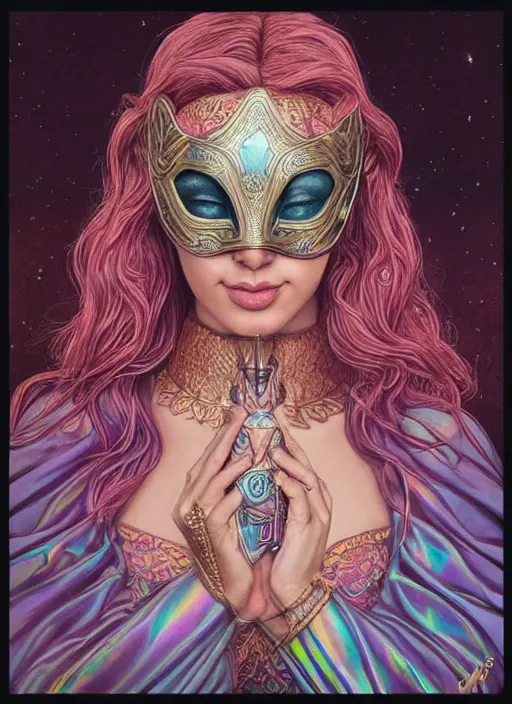 Image similar to “ gal gadot as adorable woman wear beautiful intricate mask, pastel color, iridescent, highly detailed, tarot card featured on artstation, cgsociety, artgerm, clear symmetrical face, by moebius, kelly mckernan, skeeva and tom bagshaw, 8 k, intricate details, fantasy, character design, concept art ”