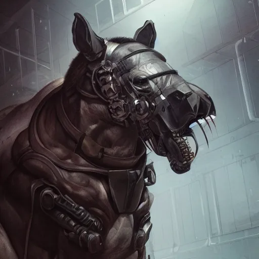 Image similar to a monstrously muscular male anthro horse wearing a tactical suit in a research facility, foggy breath coming out of mask, highly detailed, anthro art, furaffinity, digital painting, artstation, sharp focus, smooth, concept art, illustration, art by artgerm, greg rutkowski, wlop