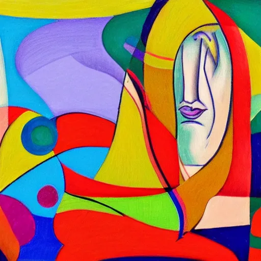 Image similar to woman watches the fast flowing river and gathers the colors, sounds and dreams of her community, abstract art in the style of cubism and georgia o keefe,