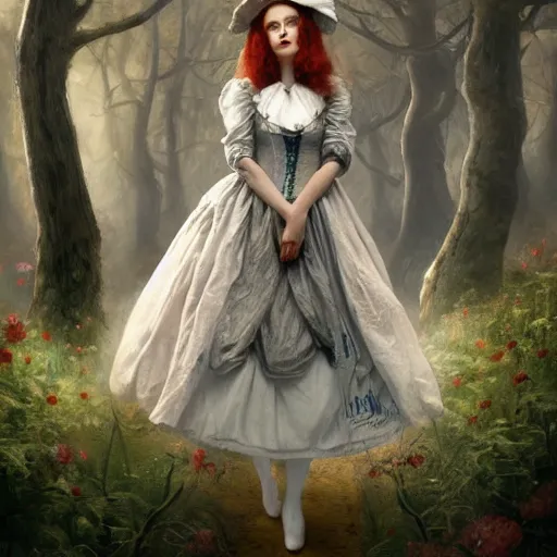 Prompt: Alice in Wonderland, Alice, victorian dress, Alice staring into the distance, surreal forest, painted by seb mckinnon, high detail, digital art, trending on artstation