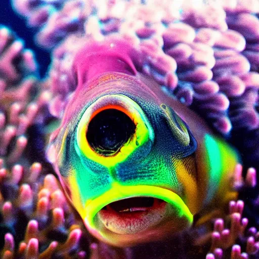 Prompt: underwater photo of a human-face fish with neon colors.