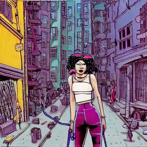 Image similar to punk girl with headphones in densely packed street, surreal, Ralph Bakshi