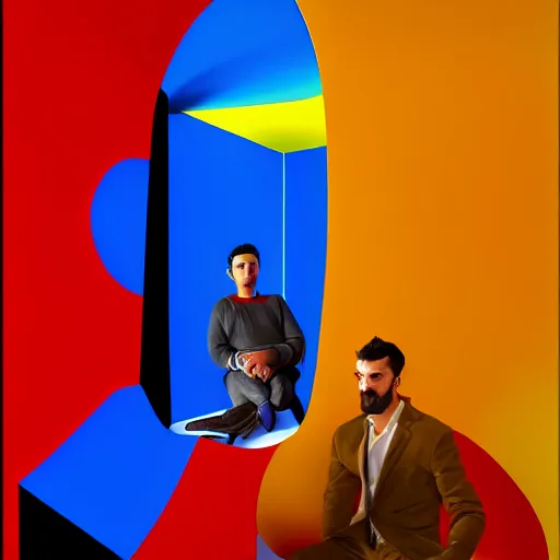 Image similar to ultra realistic portrait of cem yilmaz in a studio, ultra detailed, under blue, red and yellow cinematic lighting, salvador dali, cartoon, monument valley, escher