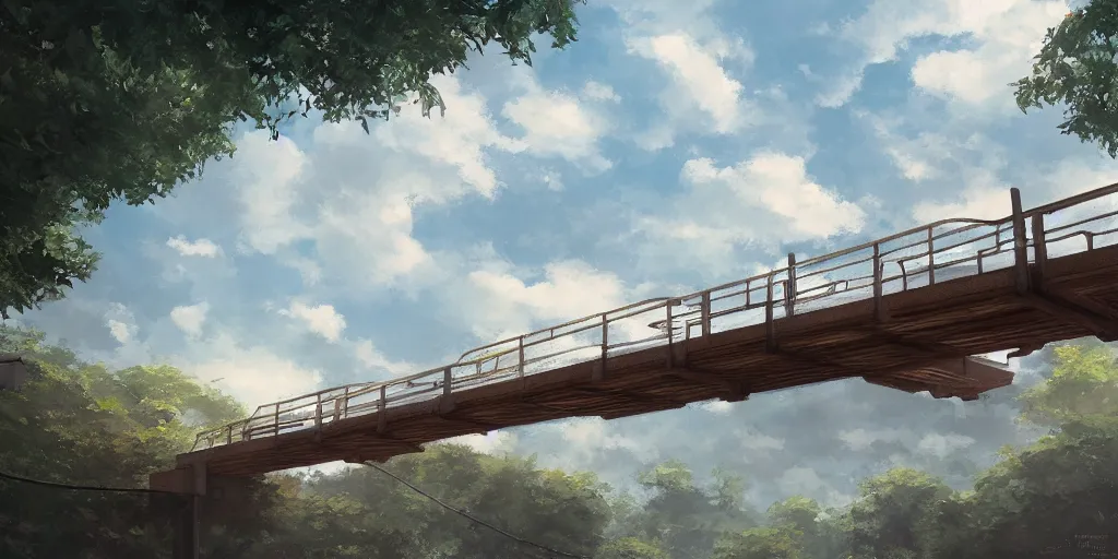 Prompt: a footbridge, cinematic angle, studio Ghibli, cinematic lighting, digital art, detailed oil painting, hyperrealistic, 8k