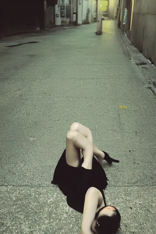 Image similar to a beautiful gorgeous Japanese edgy model girl with short hair, she's sad by Guy Bourdin, sunset, street of Hong Kong, 80mm lens, 1.2 aperture, grainy image, close up, cinematic light, very detailed, depressing atmosphere, cover magazine