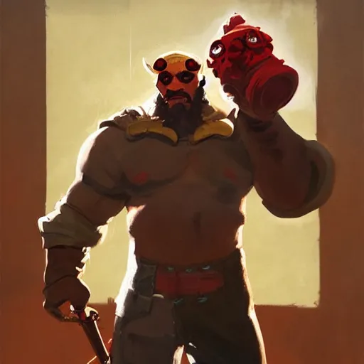 Image similar to greg manchess portrait painting of the hellboy as overwatch character, medium shot, asymmetrical, profile picture, organic painting, sunny day, matte painting, bold shapes, hard edges, street art, trending on artstation, by huang guangjian and gil elvgren and sachin teng