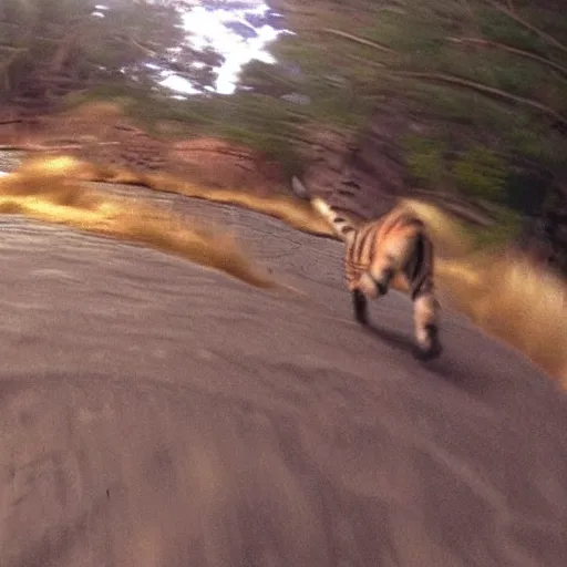 Prompt: screenshot of go pro footage from front view emma watson running in front of tiger