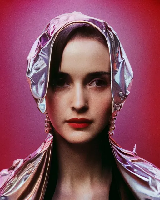 Image similar to young winona ryder wearing a futuristic metal kimono, half body portrait, greg kutkowski, sharp details, subsurface scattering, pearls of sweat, glistening skin, warm lighting