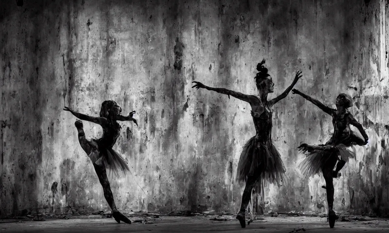 Image similar to a pair of horror zombie ballerina's in black tutu dancing swanlake in a rundown, moldy and dirty theater. light is coming in via stained windows, henri cartier besson