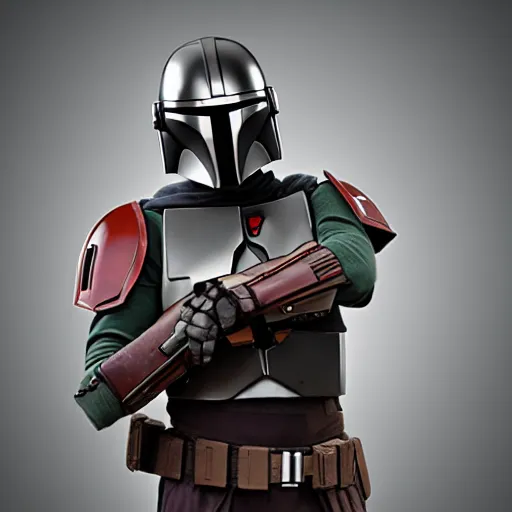 Image similar to realistic mandalorian holding a small black box