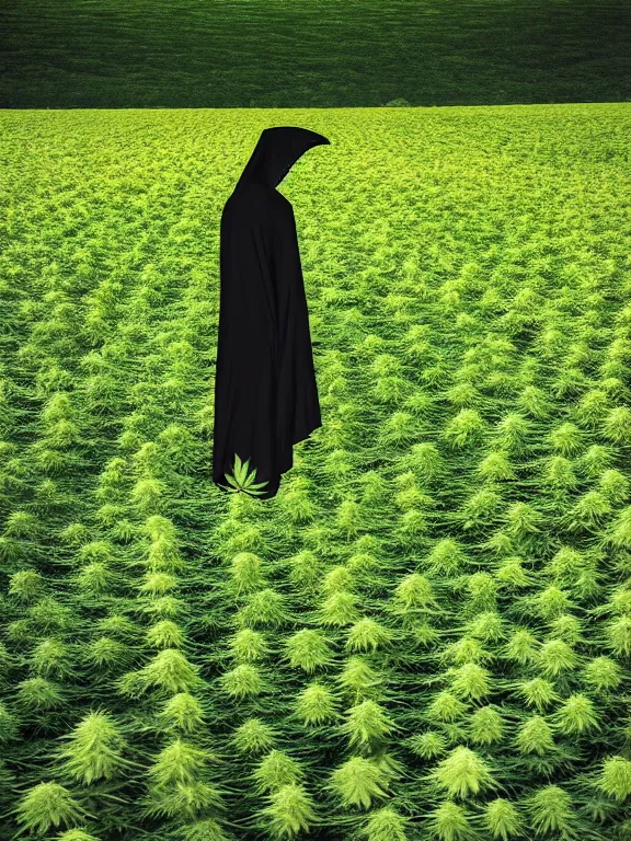 Prompt: grim reaper standing in beautiful cannabis field, grainy, high detail, high resolution,