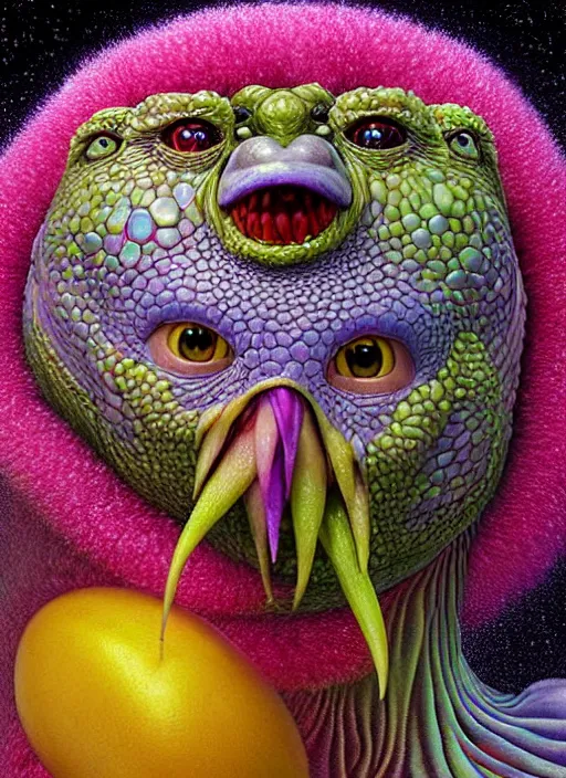 Image similar to hyper detailed 3d render like a Oil painting - kawaii portrait Aurora (a skeksis from dark crystal that looks like Larry David) seen Eating of the Strangling network of yellowcake aerochrome and milky Fruit and His delicate Hands hold of gossamer polyp blossoms bring iridescent fungal flowers whose spores black the foolish stars by Jacek Yerka, Ilya Kuvshinov, Mariusz Lewandowski, Houdini algorithmic generative render, Abstract brush strokes, Masterpiece, Edward Hopper and James Gilleard, Zdzislaw Beksinski, Mark Ryden, Wolfgang Lettl, hints of Yayoi Kasuma, octane render, 8k