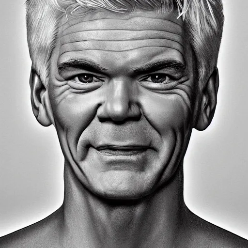 Image similar to Phillip schofield with the physique of a body builder, realistic, highly detailed, 4k, eye contact, digital painting,