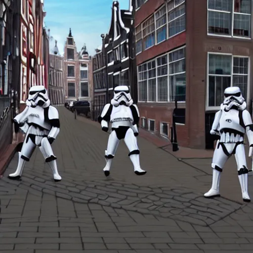 Image similar to a low - detailed picture of stormtroopers walking in amsterdam, digital art