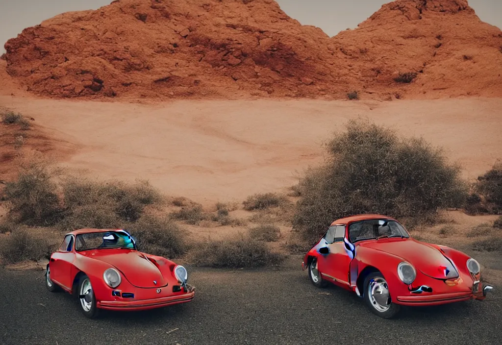 Image similar to “a singular red porsche 356 is parked in the middle of the desert, a matte painting by Scarlett Hooft Graafland, featured on unsplash, australian tonalism, anamorphic lens flare, cinematic lighting, rendered in unreal engine”