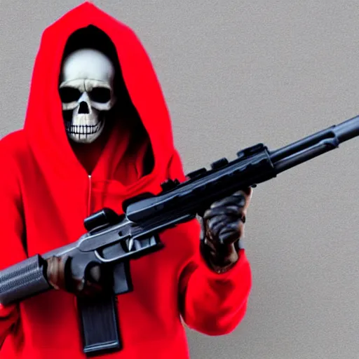 Prompt: a skeleton in a red hoodie with a rifle