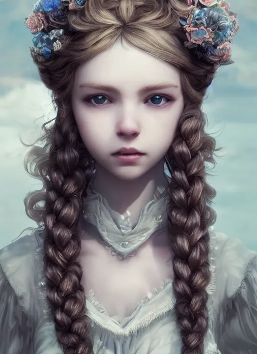 Prompt: white princess character portrait in the sky market, color page, 4 k, tone mapping, doll, akihiko yoshida, james jean, andrei riabovitchev, marc simonetti, yoshitaka amano, digital illustration, braided hair, ringlet, curls realism, sharp details, cinematic, highly detailed, digital, 3 d