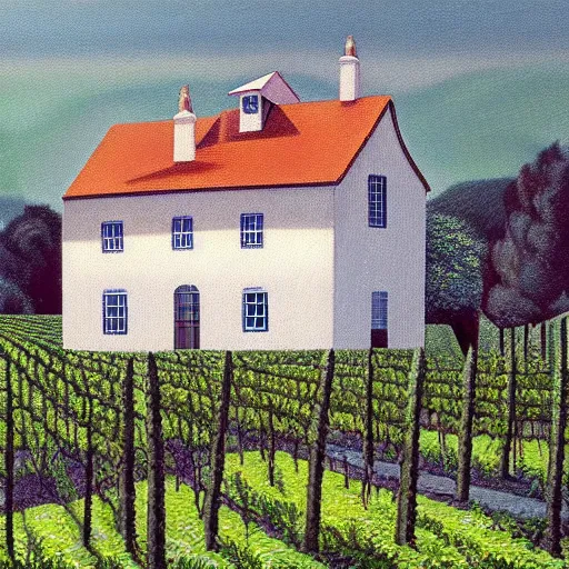 Image similar to Hyperrealism traditional austian house in a vineyard painting by MC Escher