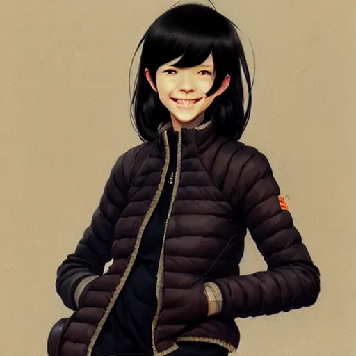 Image similar to character design portrait of a smile grocery asia woman ， black hair, wearing a down jacket, looking at the camera, 4 k, concept art, by wlop, wenjun lin, watercolor, ilya kuvshinov, artgerm, krenz cushart, pixiv.