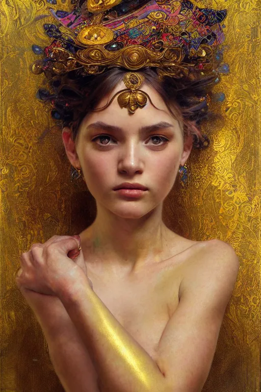 Prompt: an intricate artistic pose painting of a beautiful young girl with an artistic pose with klimt golden motives and textures, hyper detailed, ornamental gold headpiece, octane render, vivid colors, artstation, by jeremy mann, by alphonse mucha, by boris vallejo